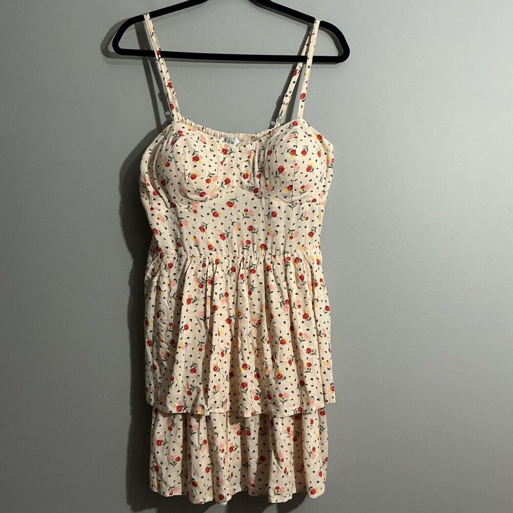 AUW Women's Floral Mini Dress Size XL Cream Adjustable Strap Sundress